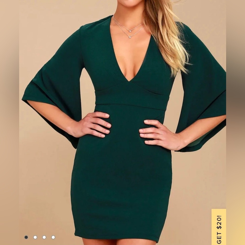 Lulus Glimpse of Glamour Forest Green Bell Sleeve Bodycon Dress – Size L